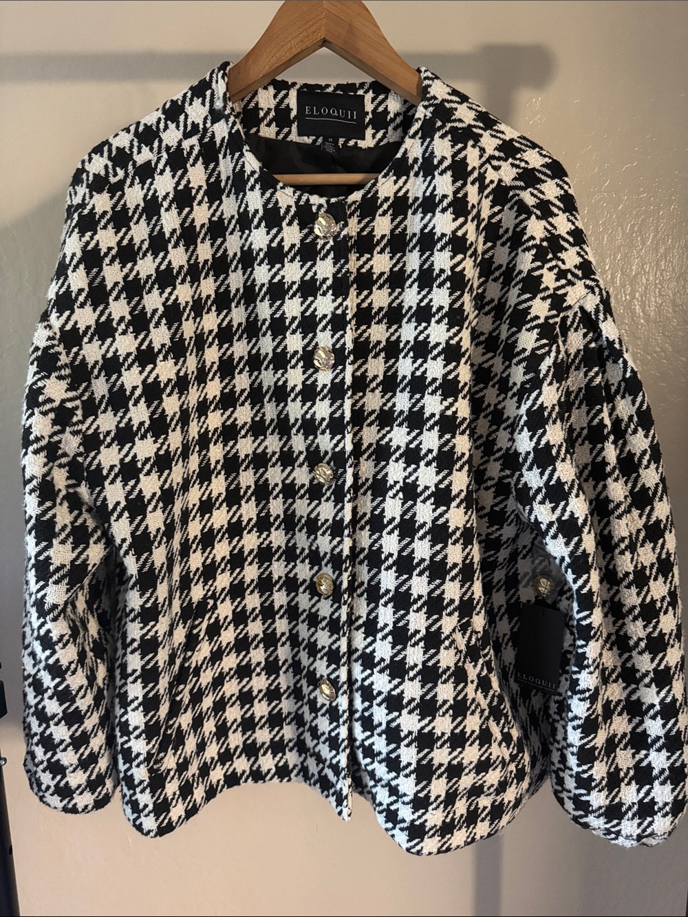 Eloquii Black & White Houndstooth Button  with Gold Buttons Tweed Jacket Size 16